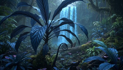 A lush, mystical rainforest scene with blue-tinged flora and a cascading waterfall