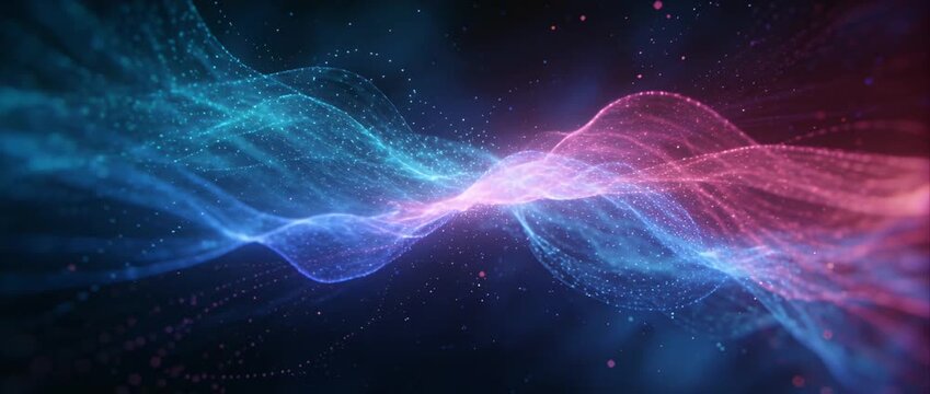 Abstract light wave energy background blue pink particle flow across dark space, glowing ribbon forms luminous motion, futuristic digital technology and science data network design concept