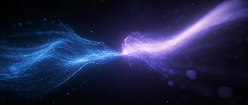 Abstract energy wave background blue purple light particle flow through dark space, glowing ribbon and nebula trail, futuristic technology data power motion, light energy connection