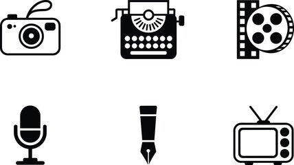 Black and white of camera typewriter reel microphone pen and television