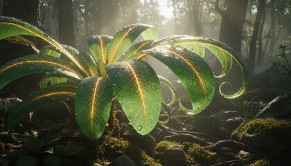 Close-up of lush, vibrant plant with water droplets in a sun-dappled forest setting