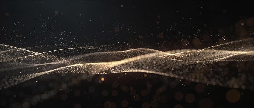 Abstract gold particle wave light bokeh glitter background sparkle dust flowing golden lightenergy shimmer line pattern across dark space, calm futuristic technology motion with floating dust glow