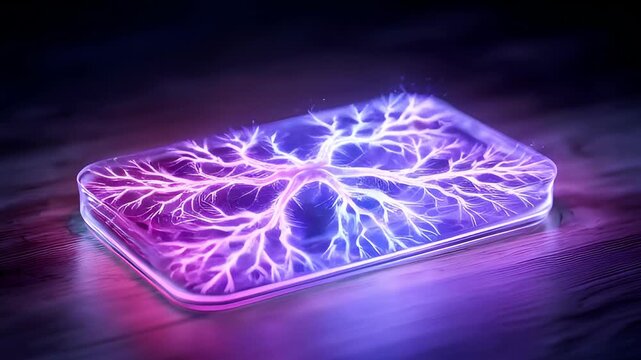 Quantum AI motion clip. A futuristic device showcasing vibrant electrical energy, with intricate branching patterns in purple and blue, set on a dark background.