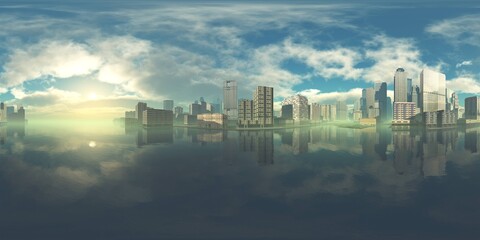 HDRI, environment map, Round panorama, spherical panorama, equidistant projection, city above water
3D rendering