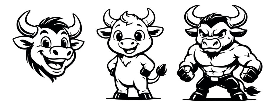Cartoon line art bull set featuring a cheerful head, a cute calf, and a strong ox mascot for branding and design