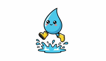 Obraz premium A cute cartoon water droplet character happily jumping into a puddle, wearing yellow boots.