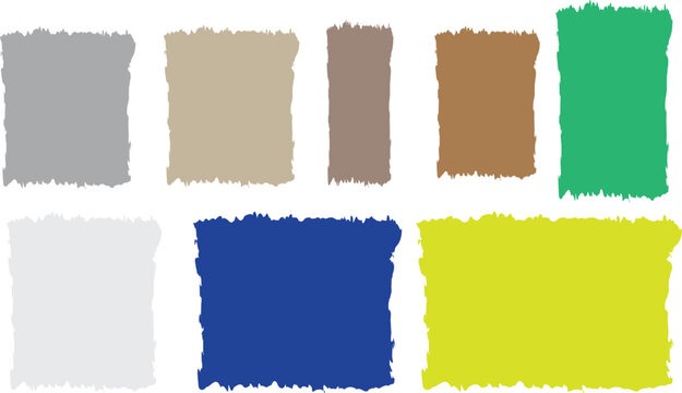 A collection of eight colorful paint swatches in various hues on a white background