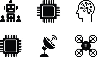 Black and white of robot, microchip, human brain, satellite dish, and drone