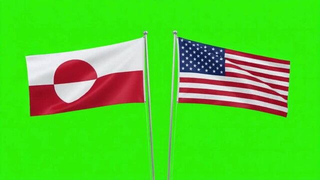 Greenland and United States Flags Waving Together on Green Screen Chroma Key