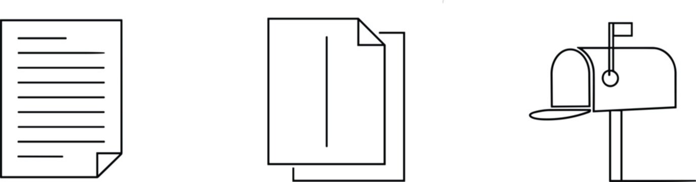 Minimal line icon set of document pages file stack and mailbox symbols for web interface design