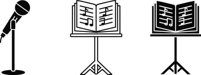 Minimal line icon set of microphone and sheet music stands for music performance concert education design
