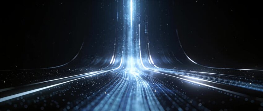 Futuristic technology data network light beam cyberspace speed abstract background, glowing digital highway tunnel with lightenergy streams, star field pathway toward horizon, portal motion blur