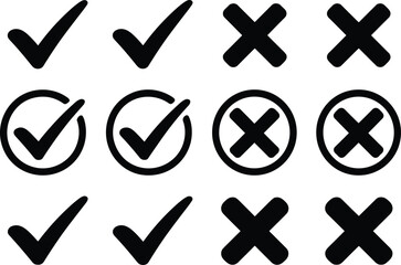 Black check marks and crosses in various styles symbols