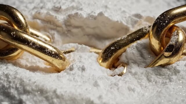 A heavy 24k gold chain sinking slowly into a bed of fine, soft white powdered sugar.