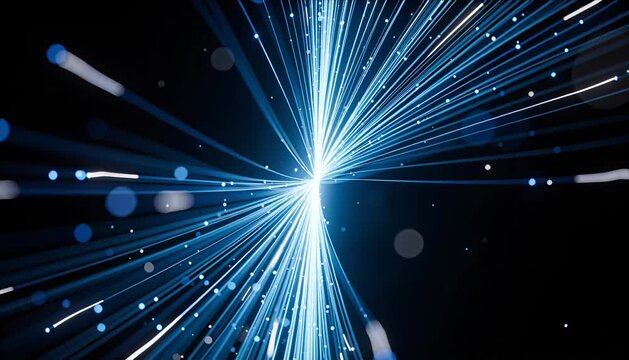 Fiber optic light beam blue digital signal data network burst background, abstract lightenergy glow, radiant streaks and bokeh particles in dark space, futuristic data flow concept
