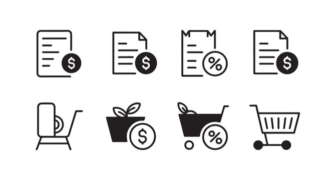 Minimalist icons representing financial documents, shopping, and investment in a clean 2x4 grid layout.