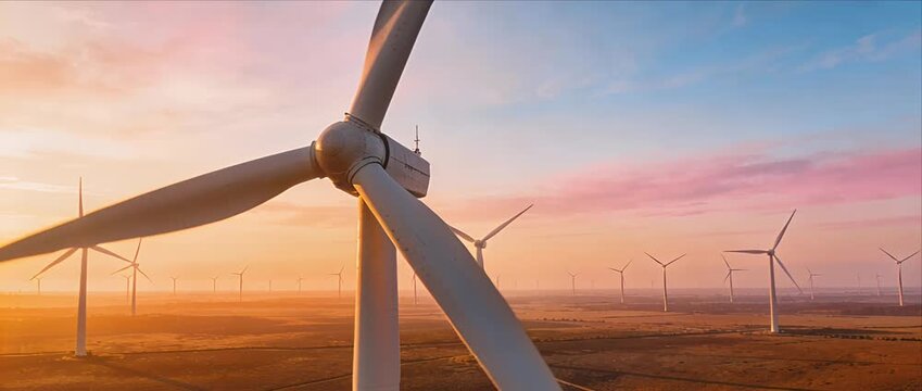Wind turbine renewable energy wind farm clean electricity power generation, sunset aerial view over rural landscape, rotating blades, golden sky, lightenergy across horizon, sustainable grid future