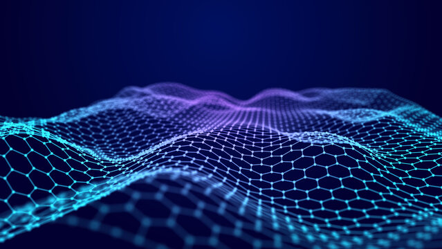 Waves transmit silent codes through a light matrix. Dots pulsate with digital movement. 3D