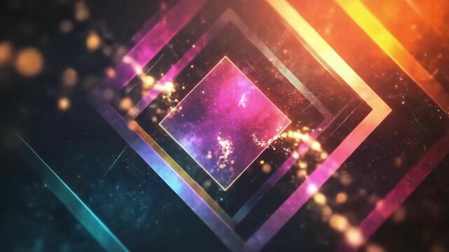 Vibrant abstract geometric design with colorful neon squares and dynamic light effects