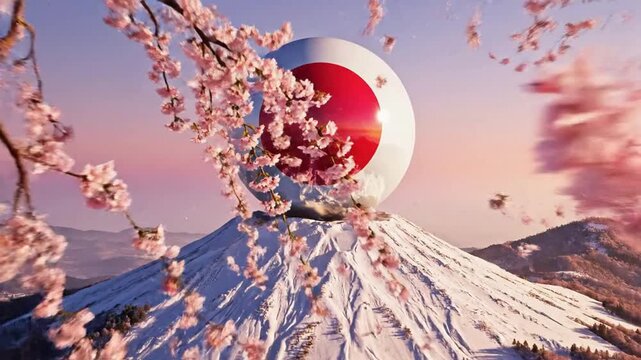 Japan flag on Mount Fuji with cherry blossoms Japanese flag sakura