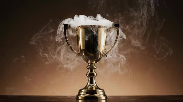 A golden trophy with elegant handles emits swirling smoke against a warm, gradient background