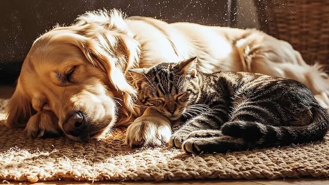 A golden retriever and a tabby cat sleeping curled together in a warm sunbeam on a rustic rug.