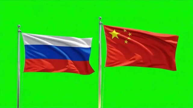 Russia and China National Flags Waving on Flagpoles Isolated on Green Screen