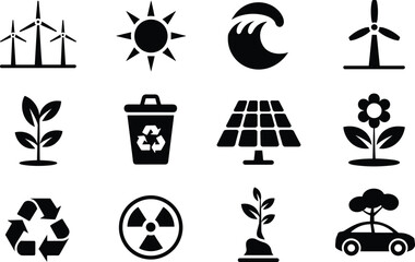 Black and white of renewable energy and eco-friendly symbols