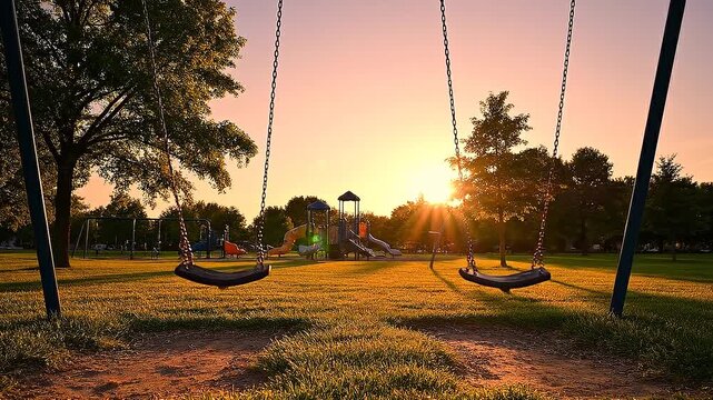 Two empty park swings moving in perfect, synchronized rhythm during a peaceful evening breeze.