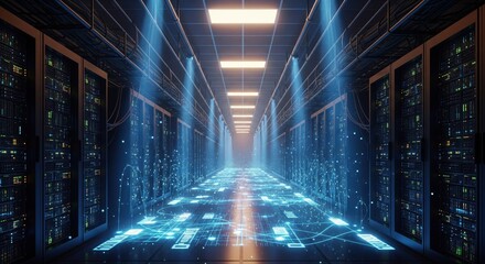 Fototapeta premium Illuminated corridor of a cutting-edge data center, packed with powerful server racks and supercomputers