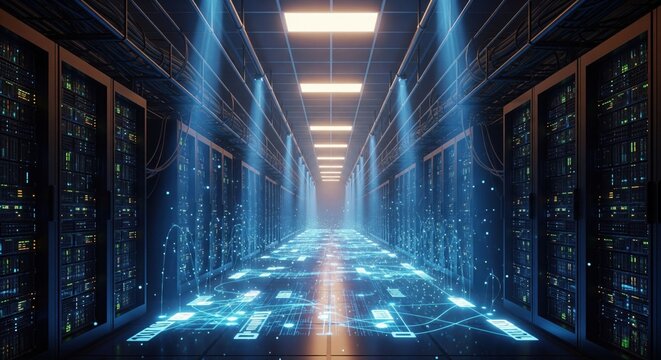 Illuminated corridor of a cutting-edge data center, packed with powerful server racks and supercomputers