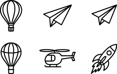 Five black and white line of different flying line flying hot air balloon