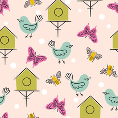 Spring Birdhouse, Bees and Butterfly Vector Seamless pattern