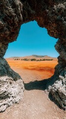 Natural rock arch view of desert landscape with clear blue sky