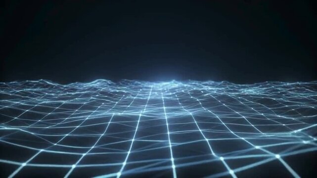 A futuristic grid landscape stretches into the distance with glowing blue lines, digital terrain, and a horizon glow at dusk viewpoint 15.mp4