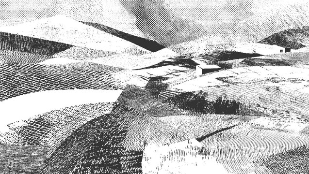 Black and white textured landscape with abstract hills and small buildings