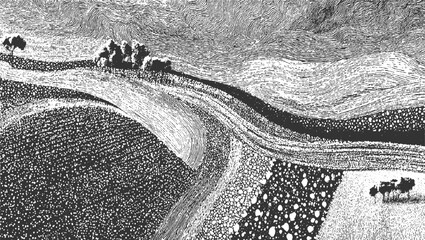 Obraz premium Black and white textured landscape with rolling hills and scattered trees 1
