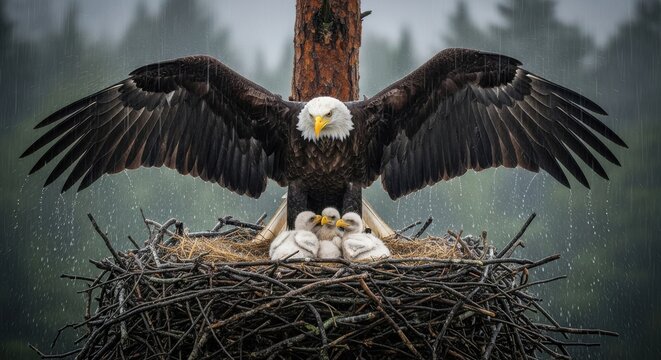 Bald eagle protecting its chicks in nest on rainy day