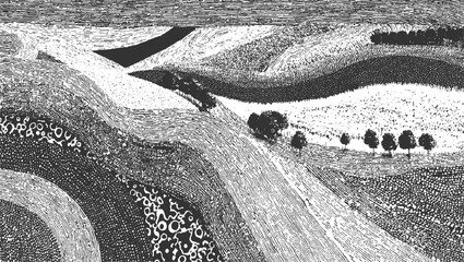 Fototapeta premium Abstract textured landscape with rolling hills and circular patterns in black and white