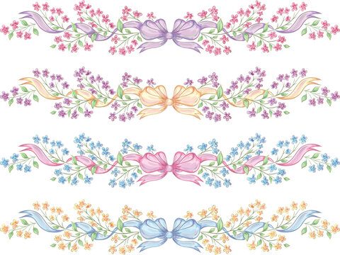 Floral borders collection, Hand draw horizontal dividers with flowers and ribbon. Vector garland.