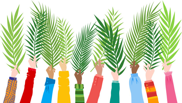 Palm Sunday. People hands with palm leaves. Vector isolated decoration border.