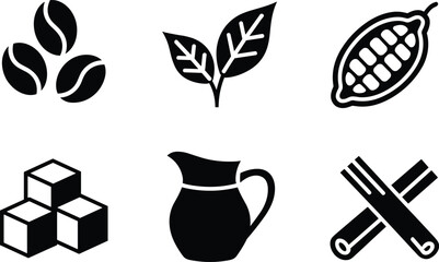 Black and white of coffee beans, leaves, cocoa pod, sugar cubes, milk jug, and crossed cutlery
