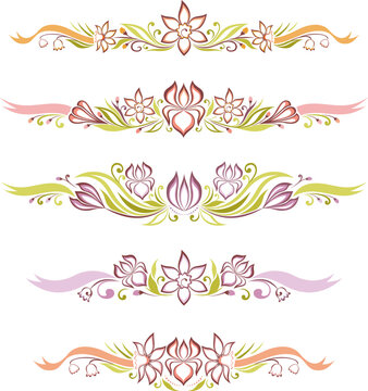 Floral borders collection, Ornamental horizontal dividers with flowers and ribbon. Vector garland.