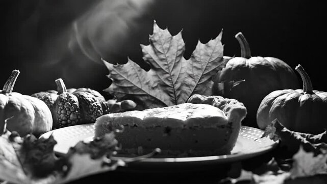 Black and white still life of a slice of pumpkin pie, pumpkins, and autumn leaves, evoking the Thanksgiving holiday atmosphere.