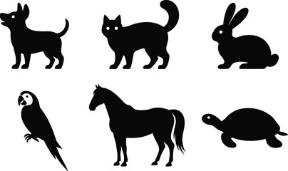 Black silhouettes of dog cat rabbit parrot horse and turtle