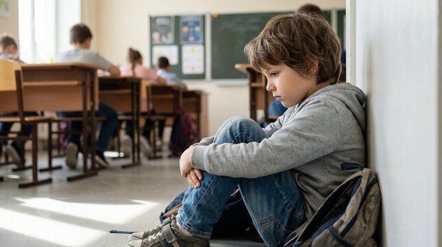 Young boy sitting alone on floor in classroom looking sad  
