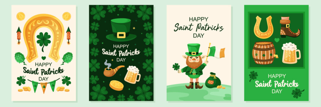 Saint Patricks Day 4 simple greeting card collection. Cute hand drawn vector illustrations. Posters and banners for the Irish national holiday.