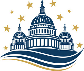 Patriotic government logo featuring three capitol building domes with gold stars and elegant waving swoosh lines. © MstBabli
