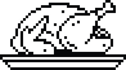 Fototapeta premium Pixel art roasted turkey icon on plate in retro 8 bit style for food game design