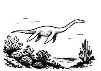 Obraz premium Plesiosaurus hand drawn simple sketch vector illustration